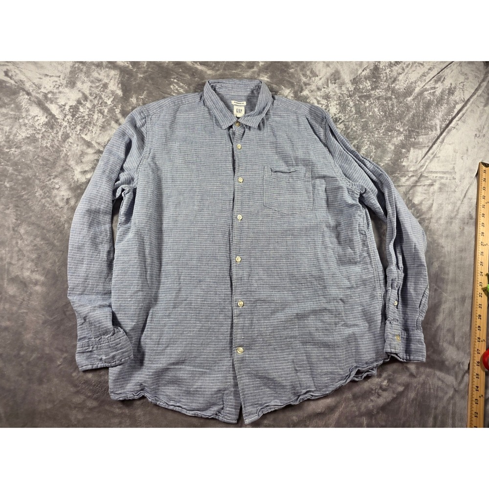 Gap Button Up Shirt Men XL Blue/White Striped Linen Cotton Blend Standard Fit